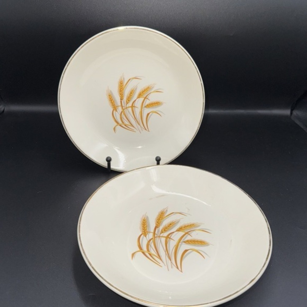 Golden Wheat Soup Cereal Bowls Set of 2 Cream 8" 22K Gold Trim USA Vintage